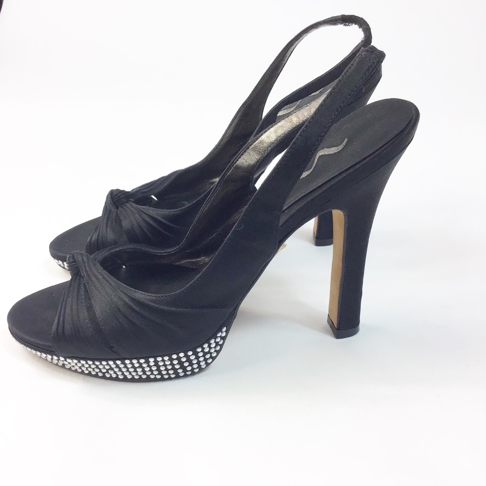 Black Satin formal heels Peep Toe Rhinestone detail size 8